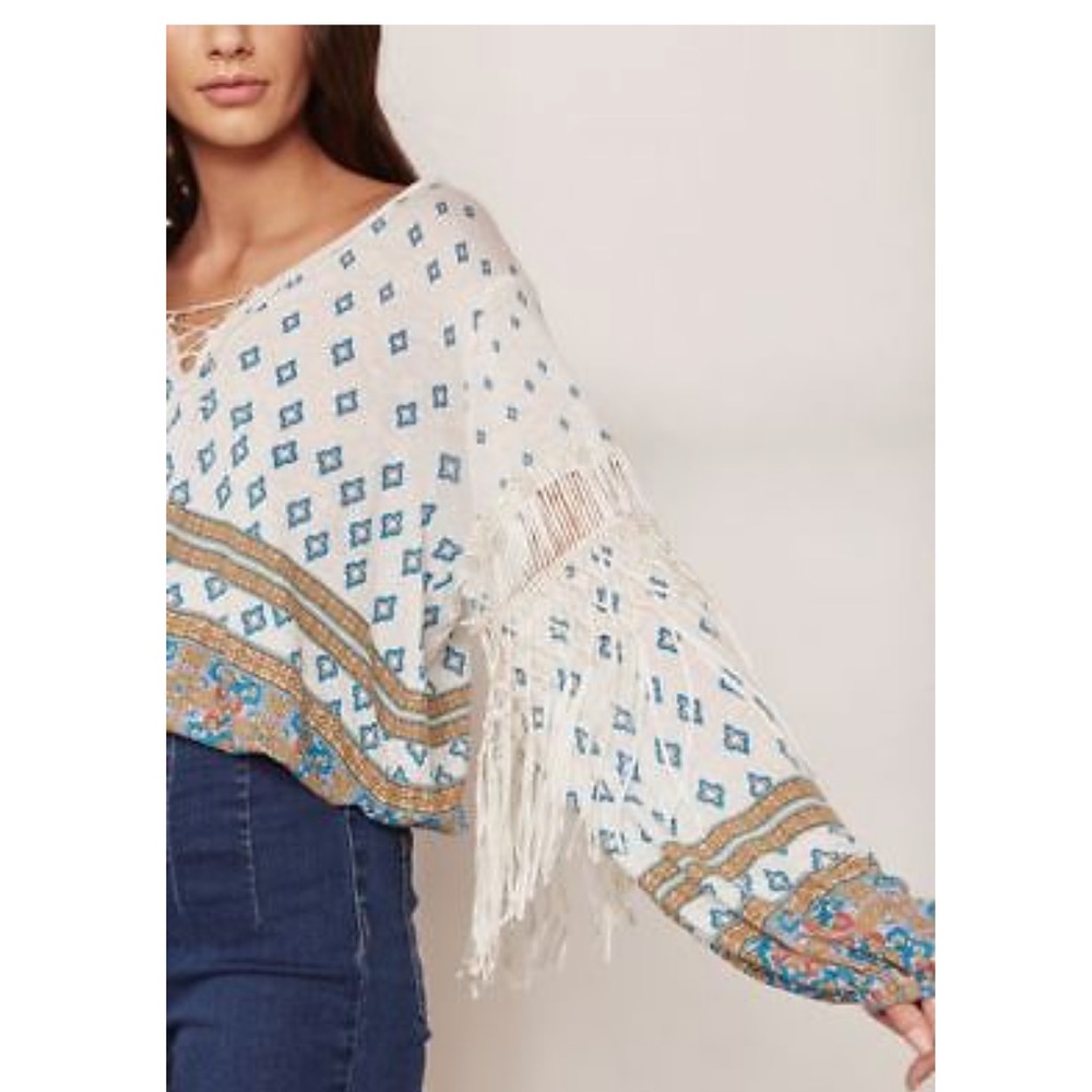 Free People Fringe Print V-neck Long Sleeve Blouse - Picture 5 of 6